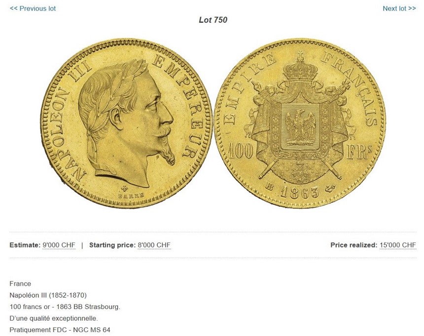 1863BB ナポレオン 有冠 100フラン金貨 MS64＠スイスオークション