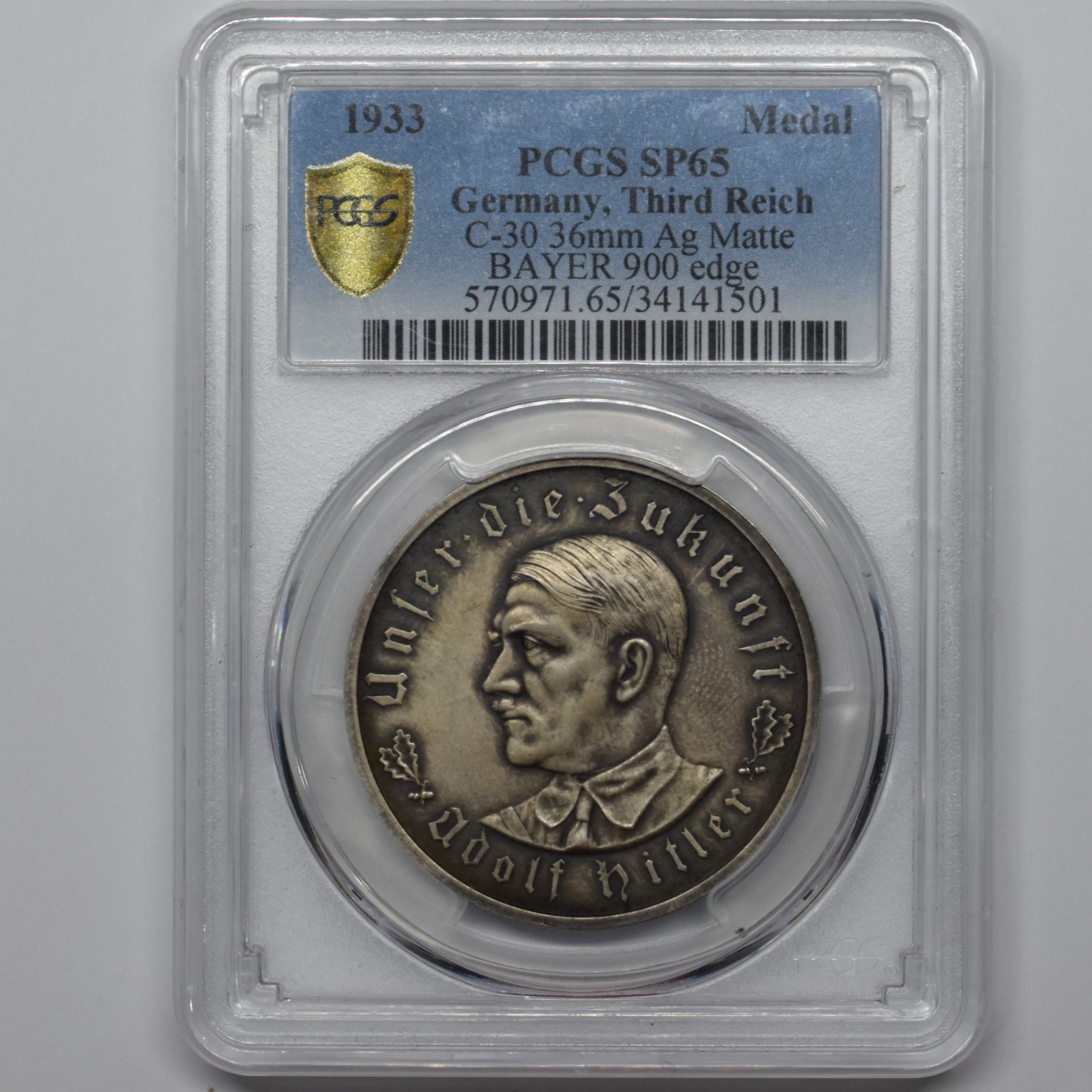 パレスチナ コイン アルバム、1927 〜 1947 年 Sold】1933年 ナチス・ドイツ アドルフ・ヒトラー マット銀メダル