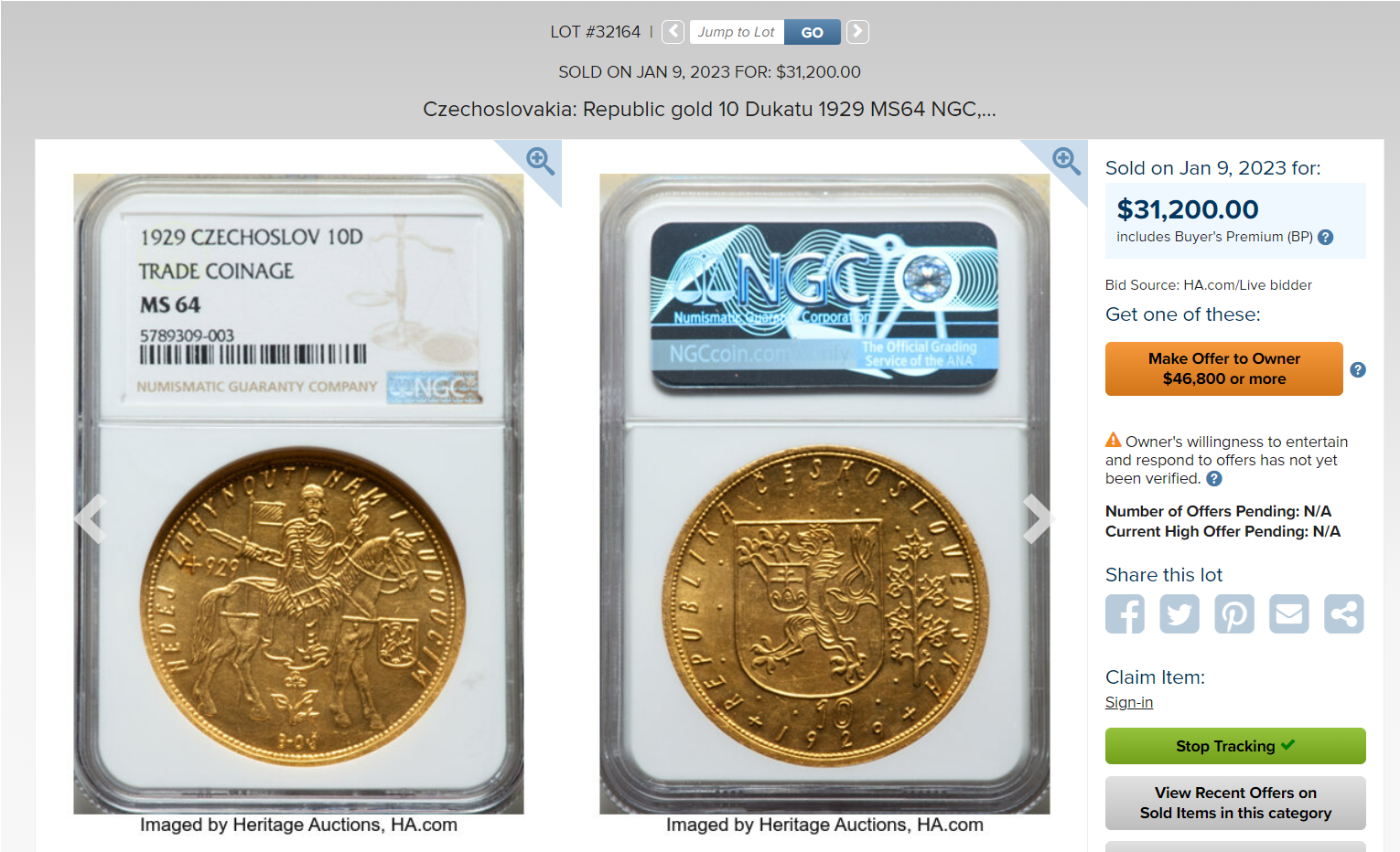 Sold】【これが適正価格だ！！】1929年 チェコ 10ダカット金貨 MS65 NGC | ソブリンパートナーズ