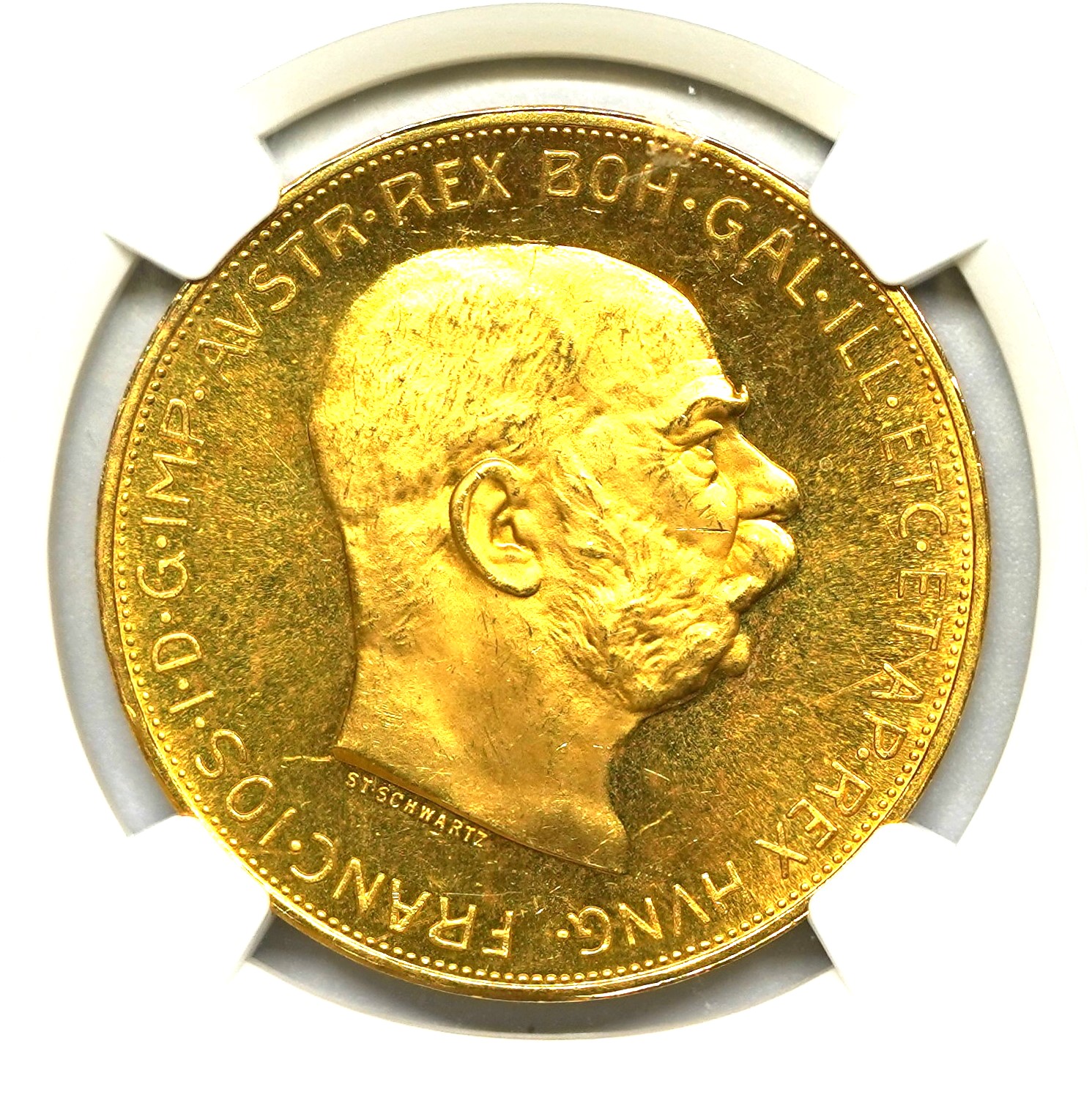 Sold】1915年 フランツ・ヨーゼフ1世 100コロナ金貨 リストライク MS65 NGC | ソブリンパートナーズ