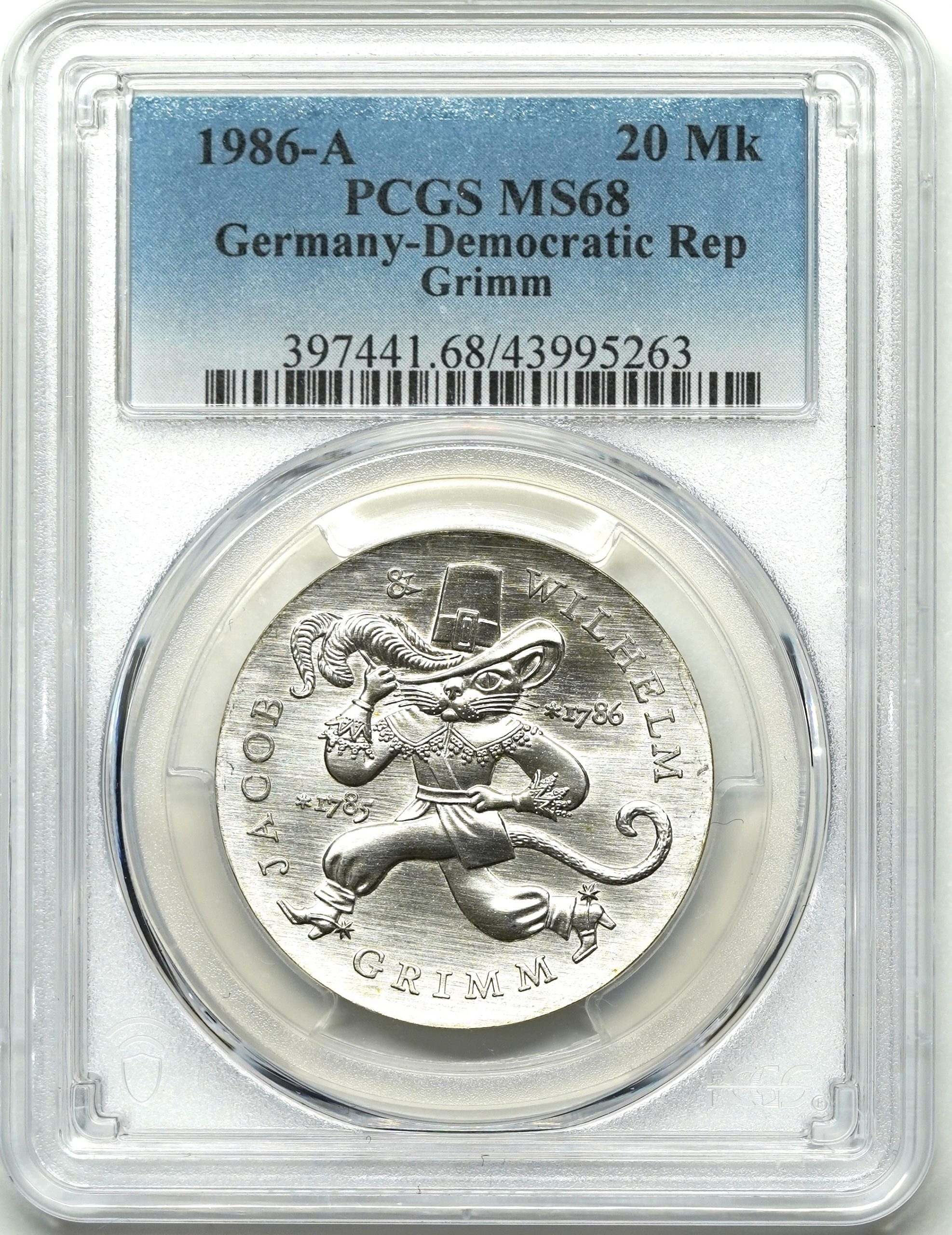 Sold】1986年 東ドイツ グリム兄弟生誕200年記念 長靴を履いた猫 20マルク銀貨 MS68 PCGS | ソブリンパートナーズ