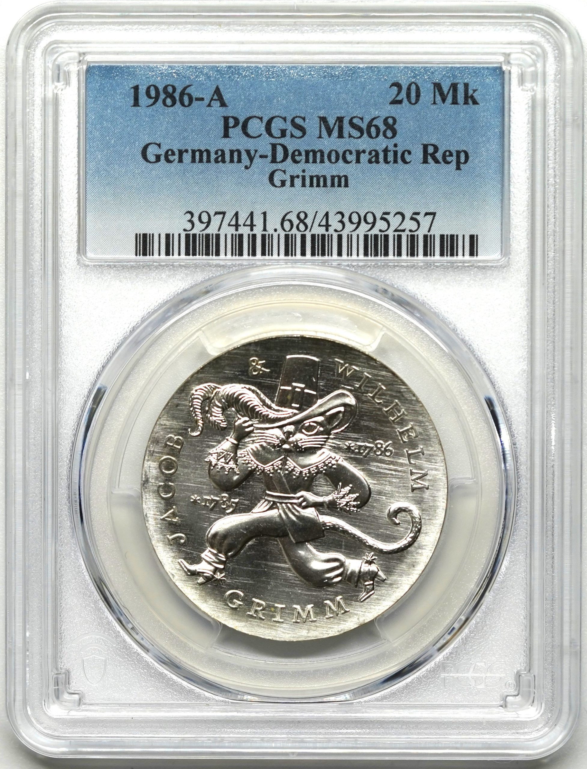 Sold】1986年 東ドイツ グリム兄弟生誕200年記念 長靴を履いた猫 20マルク銀貨 MS68 PCGS | ソブリンパートナーズ