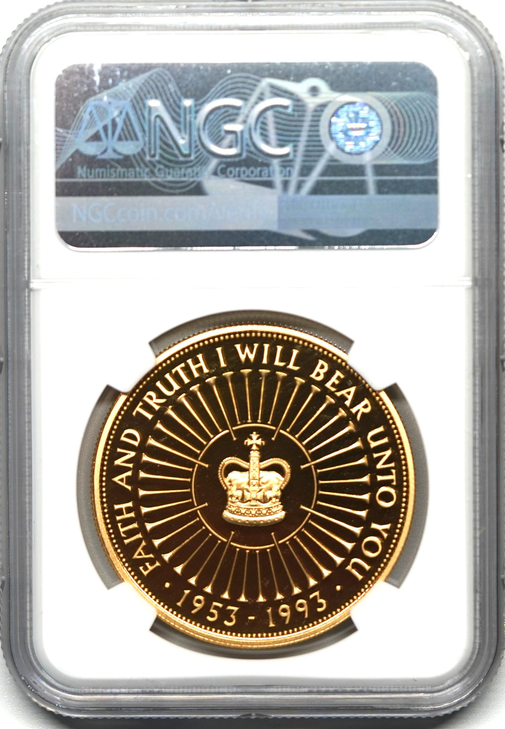 Sold】1993年 エリザベス2世 戴冠40年記念 5ポンド金貨 PF70UCAM NGC | ソブリンパートナーズ