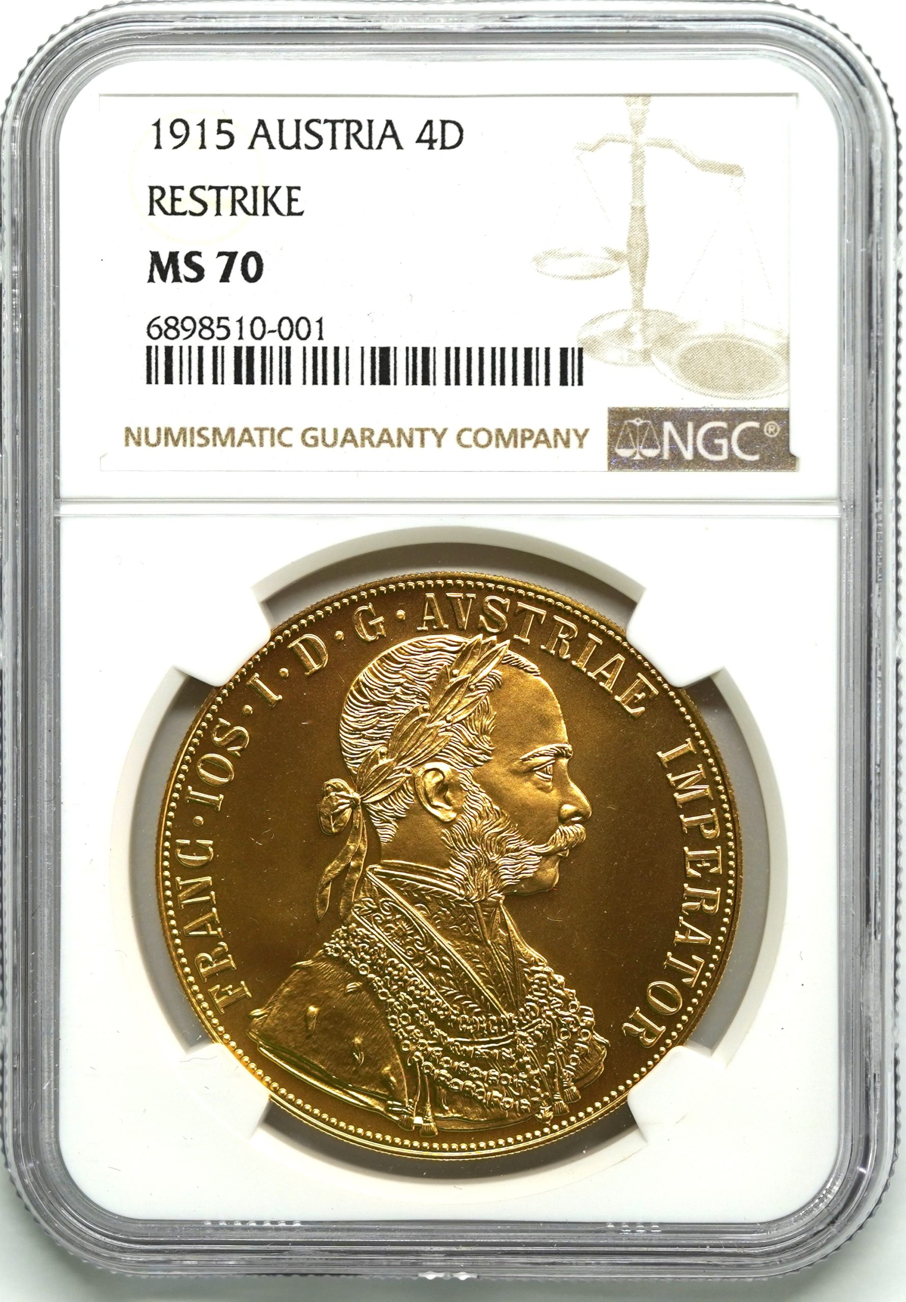 Sold】1915年 フランツ・ヨーゼフ1世 4ダカット金貨 リストライク MS70 NGC | ソブリンパートナーズ