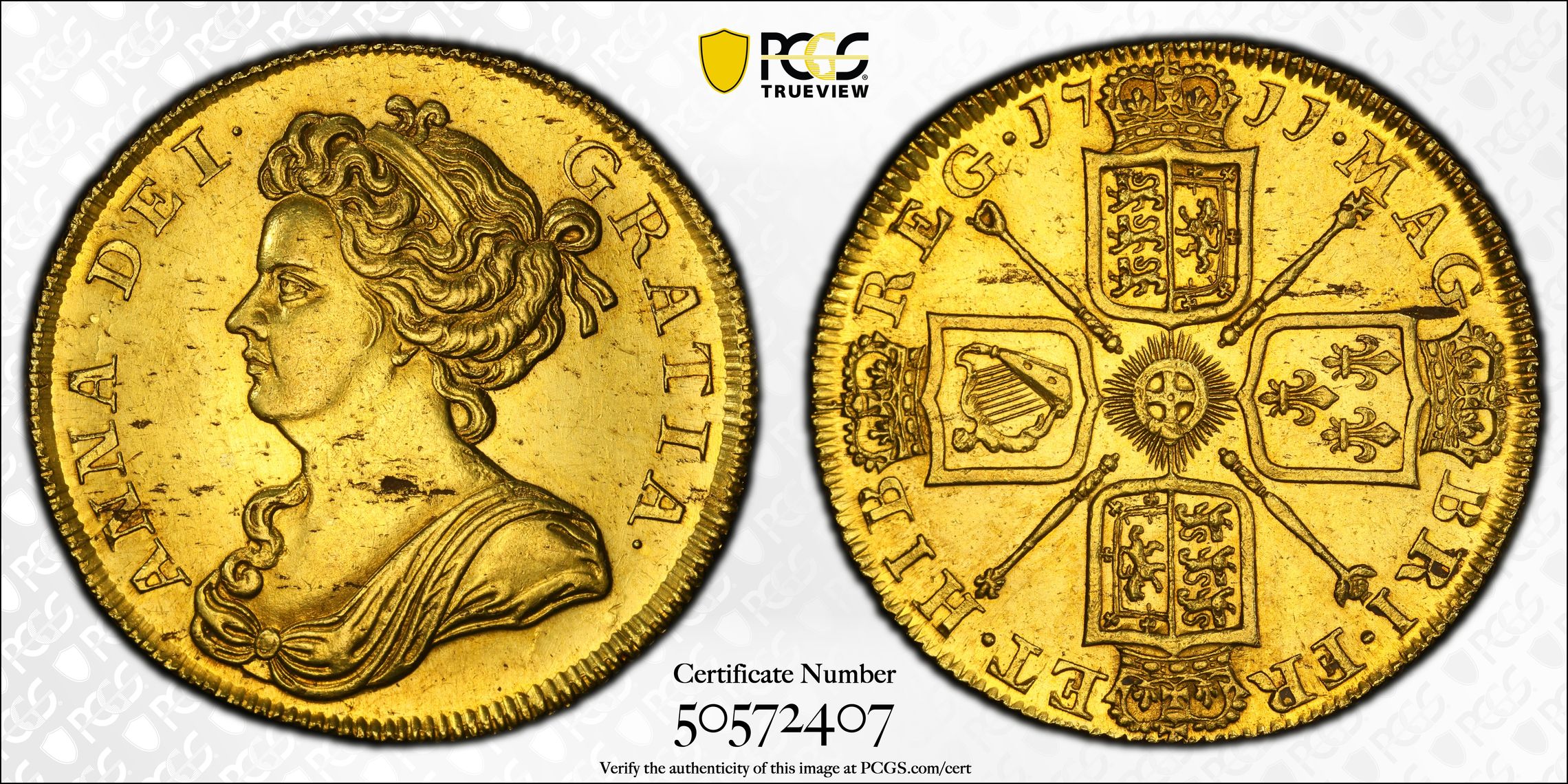 Sold】【イギリス人最後の国王】1711年 アン女王 2ギニー金貨 MS62 PCGS | ソブリンパートナーズ