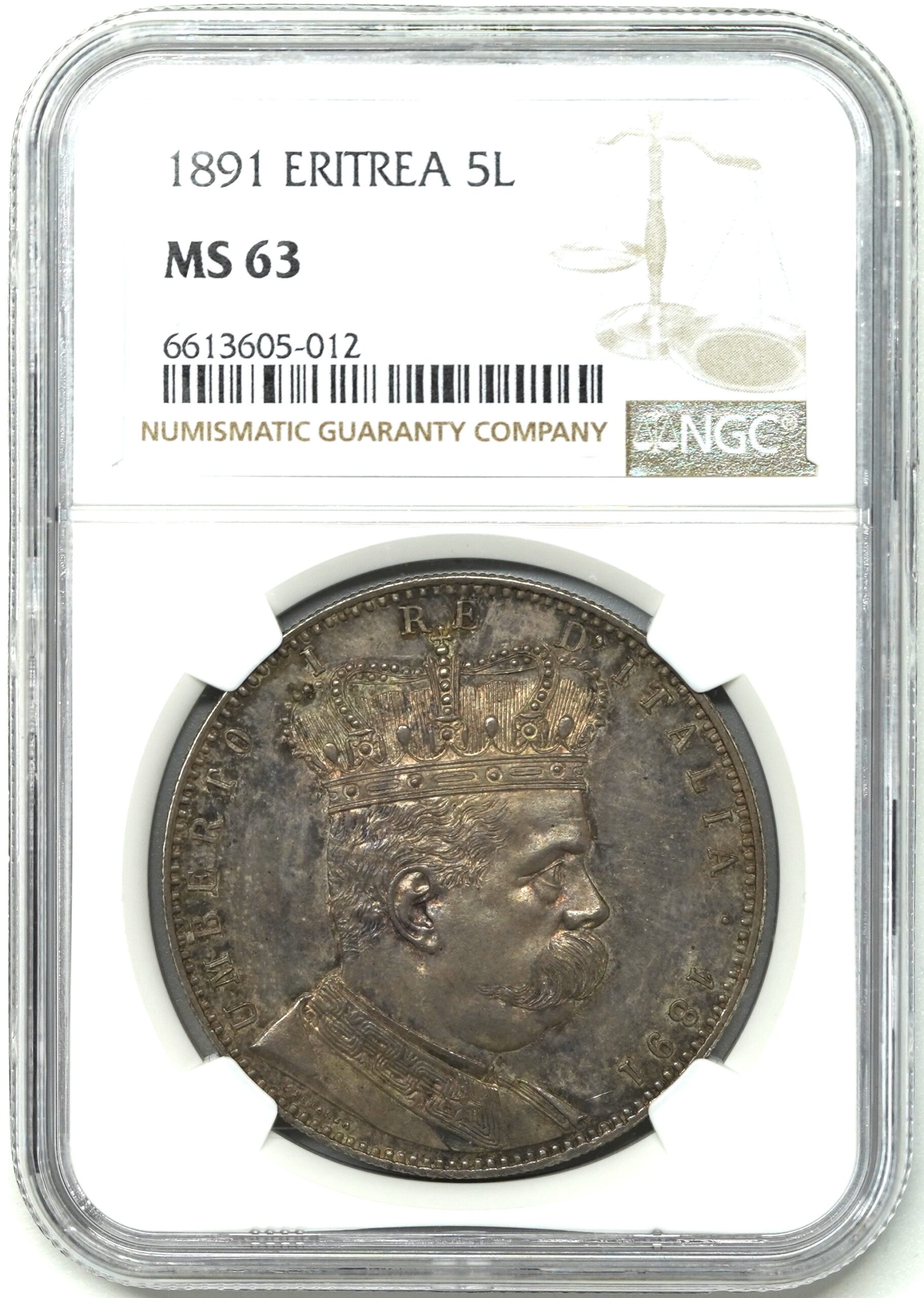 イタリア発展の父】1891年 エリトリア 5リレ銀貨 MS63 NGC | ソブリンパートナーズ