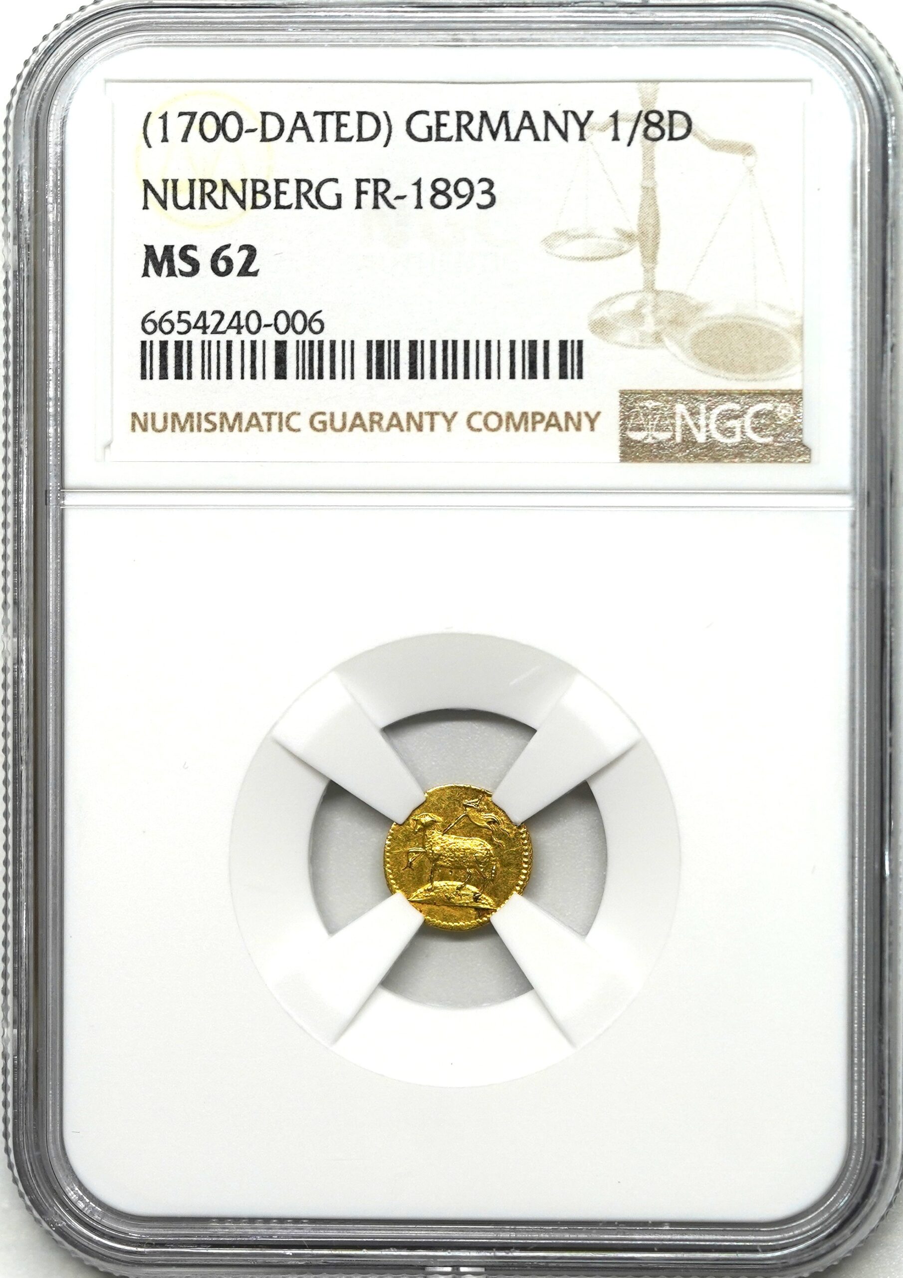 可愛らしい！！】1700年 ドイツ ラム1/8ダカット金貨 MS62 NGC